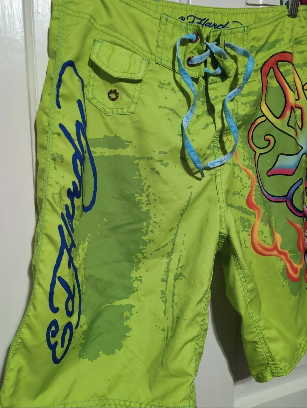 Vtg Ed Hardy By Christian Audigier Surf Or Die Board Shorts Lime Men 33(1600)F